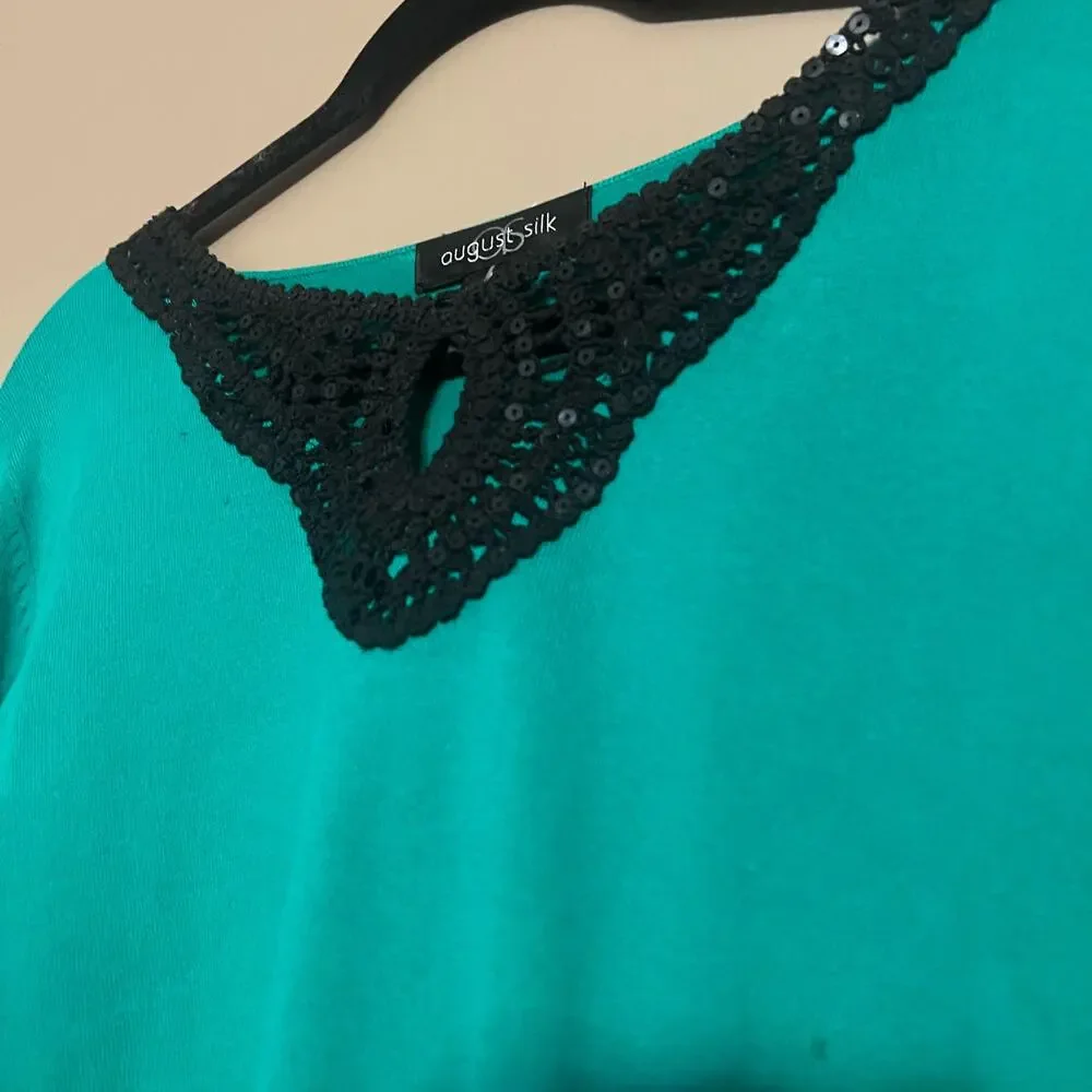 August Silk Women's Green Knit Sweater, Black Sequin Collar & 3/4 Sleeves, Large - Picture 8 of 12